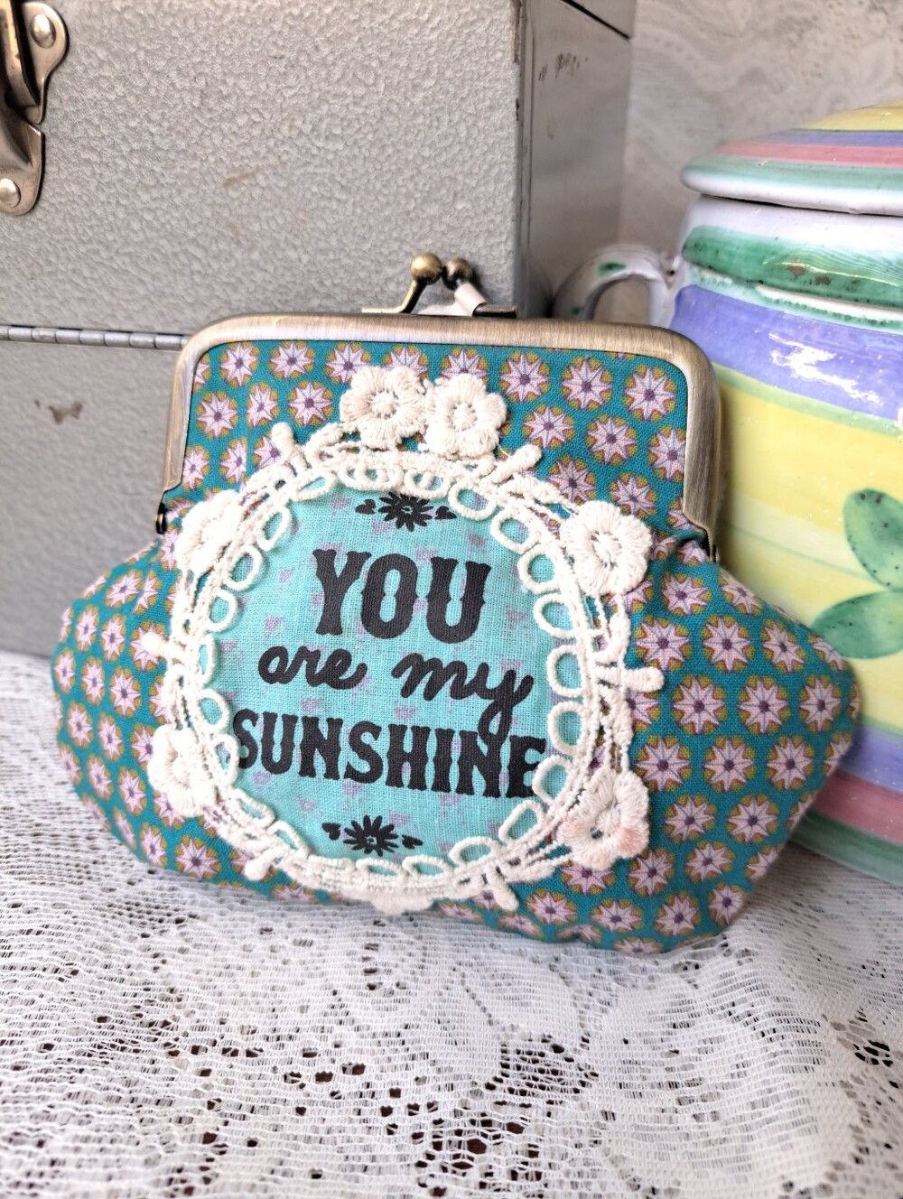 Nwt Turquoise Floral Kiss-Lock Coin Purse "You Are My Sunshine" Lace Pouch